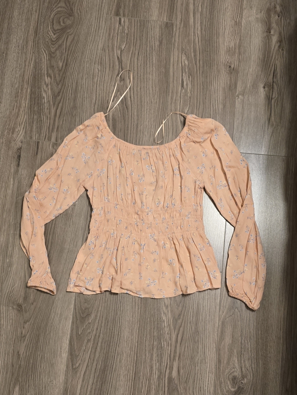 Peach Floral Smocked Waist Long-Sleeve Top